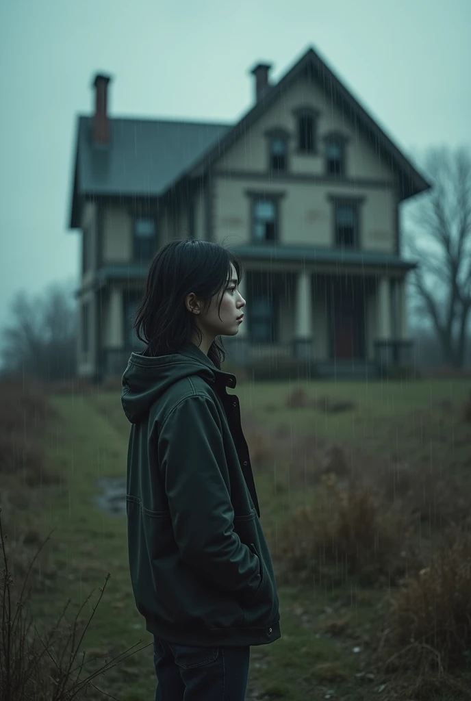 Teenager in the rain looks at an abandoned house