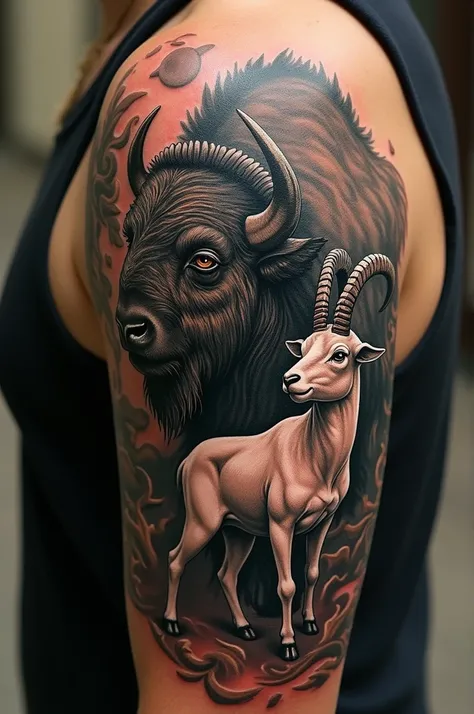 Mystical and imposing bison tattoo together with a mystical and imposing goat goat for a manga in Brazil