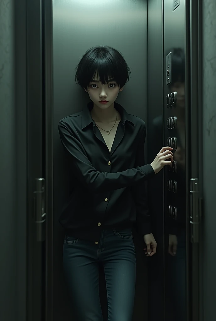  The elevator closed again , with the protagonist,   an androgynous figure in casual clothes  ( jeans and dark jacket ),  with an expression of curiosity mixed with fear . taken ,  desperately pressing the buttons .
in the mirror,  the image of a gray and ...