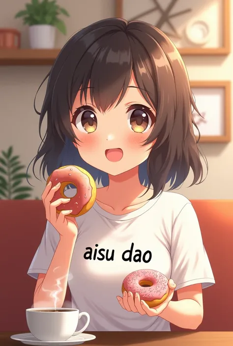 a cute teenager anime with "aisu dao" tshirt and holding a cup of coffee and donut