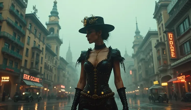  pretty woman,  front, Cawboy Stempunk style;  style station in Rio de Janeiro in 1925 in the form of steampunk; Rio de Janeiro steampunk from 1925 wet and foggy , The buildings and cars are in the stempunk style ;  (best quality, 8k, high resolution, mast...