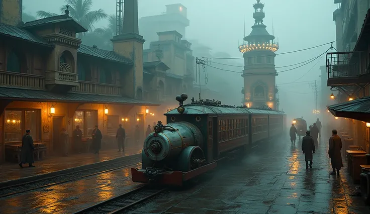 Stempunk ;  style station in Rio de Janeiro in 1925 in the form of steampunk;  steampunk style building in Rio de Janeiro from 1925 wet and foggy, The buildings and cars are in the stempunk style ;  (best quality, 8k, high resolution, masterpiece: 1.2), ul...