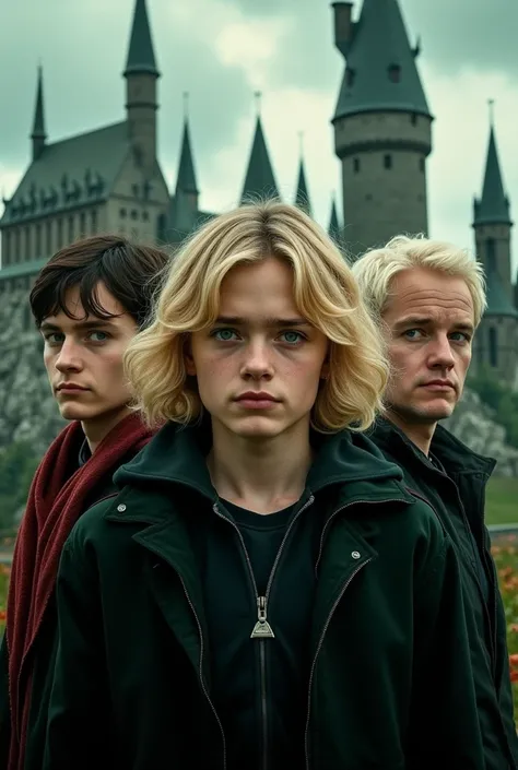  medium-length blonde hair with green eyes with black jacket in the middle, on your left side Harry Potter and Draco together and on your right side a blue-eyed black-haired man with another white guy with dark blond hair and a Hogwarts castle behind them ...