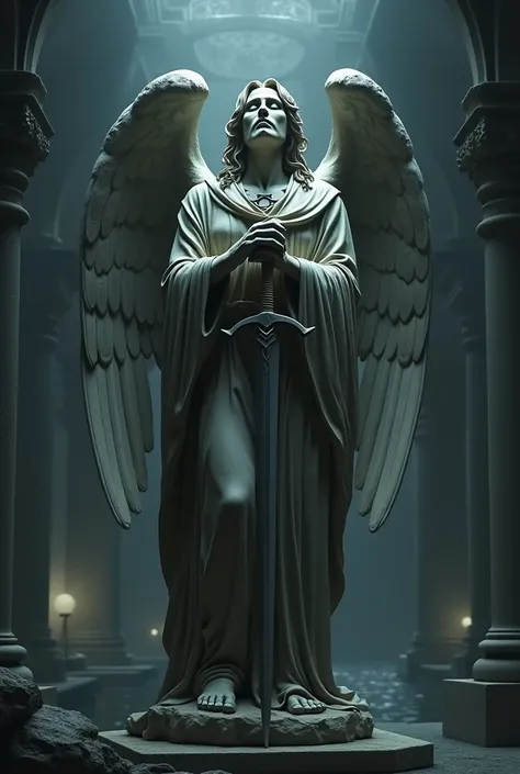 Create an image of the angel Samael in statue mode Put him in a dark place looking up with a marina between sad and thoughtful clutching a sword that points downward 