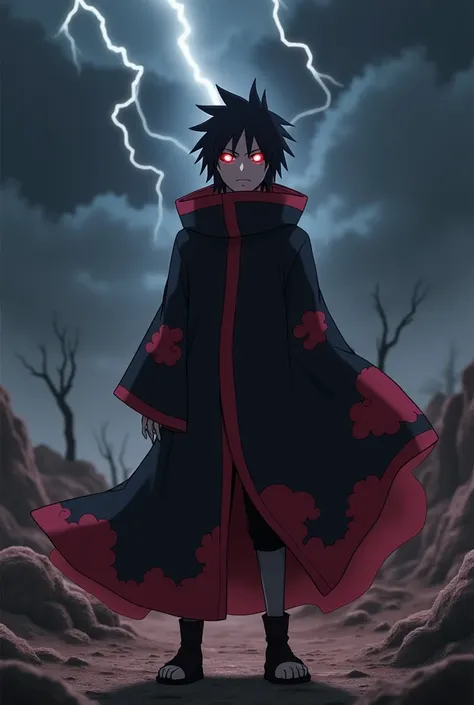 Naruto Shippuden anime character.  He must be standing in a devastated landscape ,  with dark skies and lightning in the background ,  symbolizing destruction and chaos .  Pain wears his black Akatsuki robe with red clouds ,  and his Rinnegan eyes are in t...