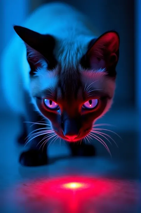 ((best quality)), ((masterpiece)), (detailed), perfect face, This captivating image showcases a Siamese cat, its deep blue eyes locked in concentration as it crouches over a bright red light on the floor. The ambient blue lighting adds a surreal, almost ot...