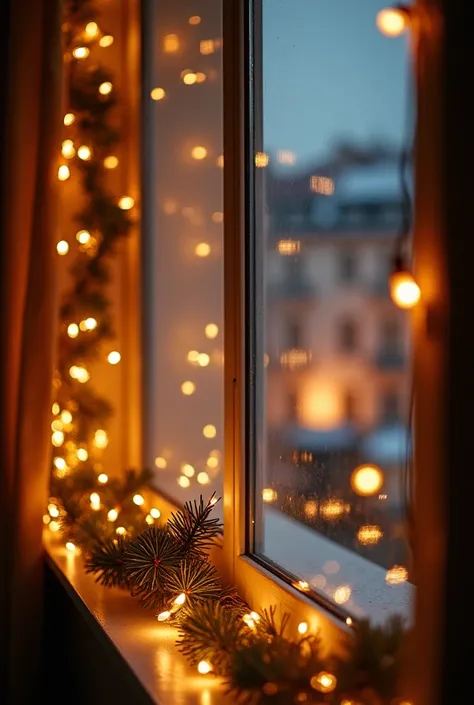 Cinematic frame of a close up of a window decorated with Christmas garlands in golden tones,  with a diffused view to the outside that shows warm building lights in the background . The lighting is soft, with cozy reflections that evoke the idea of home an...