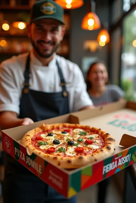  A bright and cozy pizzeria ,  with freshly baked pizzas coming out of the oven .  A pizza chef places a hot pizza in a personalized box .]

 Narrator :  “Do you want to take your pizza to another level ?  Do it with our personalized boxes !”

[Scene 2: Pr...