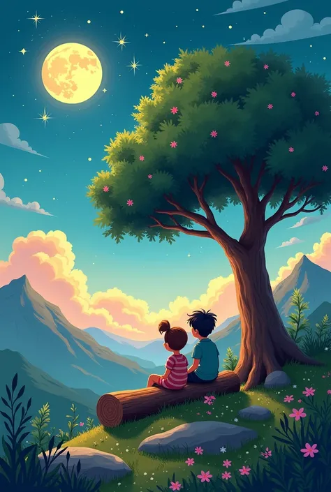 a cartoon of two people sitting on a log on a mountain with a large tree watching the moon 