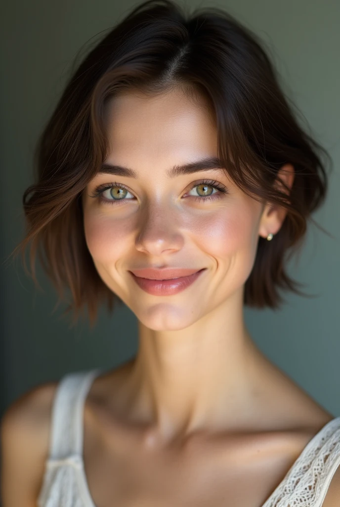 beautiful 30-year-old Russian woman with short hair smiles