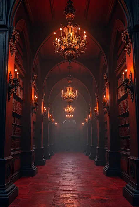  Gothic room in red and black with fine wooden bookcases. With Gothic blacksmith chandeliers . unfurnished