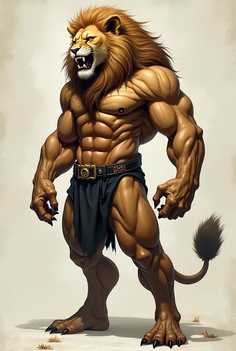 Create an animal image based on a lion with a muscular human body 