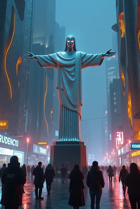 "Create an ultra-detailed, hyper-realistic nighttime scene of Rio de Janeiro in the year 3000, with a subtle cyberpunk atmosphere. The Christ the Redeemer statue, now modernized with sleek, metallic materials, glows with soft holographic patterns that puls...