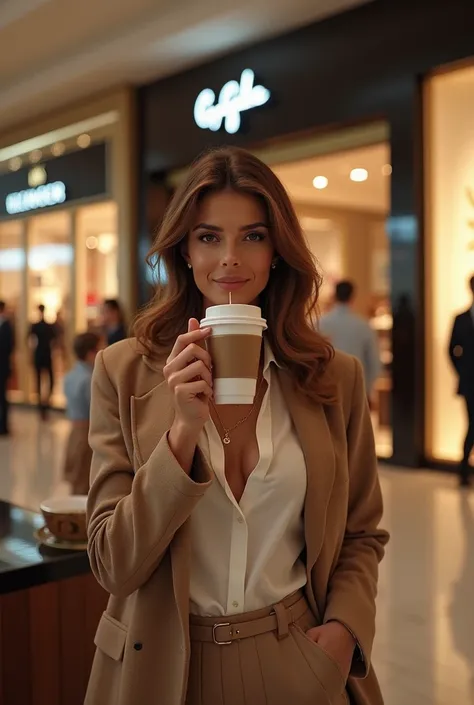 same woman at the mall drinking posh coffee, expensive designer shops in background 