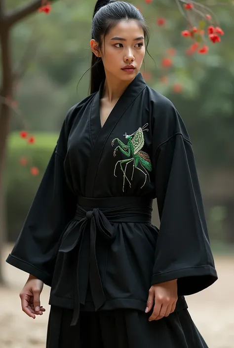 Create a character wearing a black martial arts clothing design with an embroidery of a praying mantis