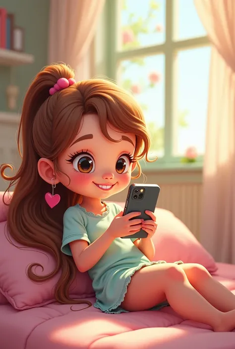 Cartoon girl with long hair lying on the phone