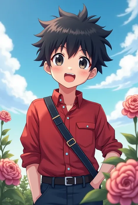 A cute boy with black hair wearing a red shirt with black jeans shoulderbelt is depicted in this image. The setting features elements like flowers and clouds, set against a painted sky. The style suggests an anime influence, highlighting the character in a...