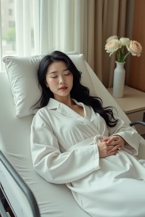  Create image of a thirty-year-old South Korean woman , Bo Ra ,  long black hair undulated ,  closed eyes , freckles,  facial expression of tranquility .  Wearing a white hospital robe .  Dynamic pose lying asleep on a hospital stretcher in a modern and lu...