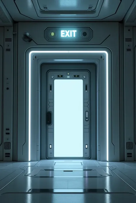 A sci-fi door with a floating exit sign