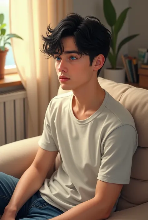 A drawing semi-realistic caucasian 22 year old man with black short hair, dark blue eyes, no beard, wearing casual at-home clothing, and the setting is him sitting on a couch.