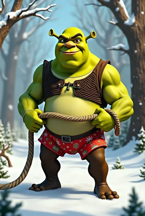 Shrek and Christmas briefs with a rope in his hands