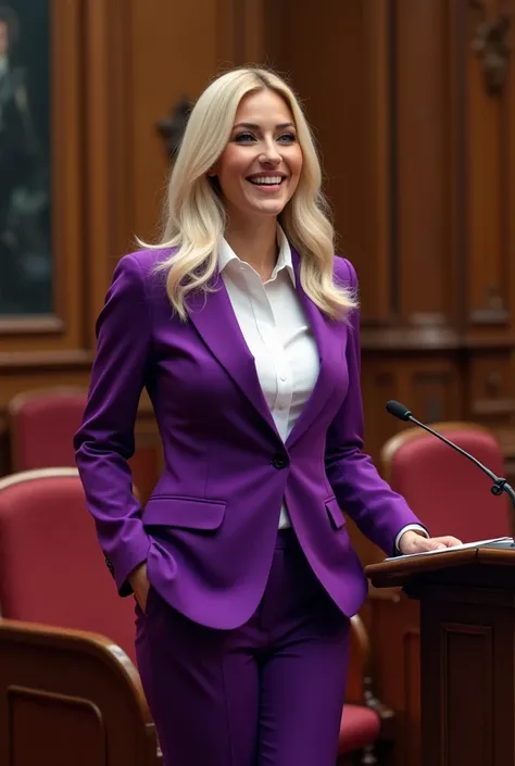 A beautiful busty blonde straight-haired blue eyed woman resembling like a French cinema actress, 21 years old, wearing purple politician suit, white shirt, and purple pants, having humongous and enormous tits, highlighting her curves, smiling, feminist, s...