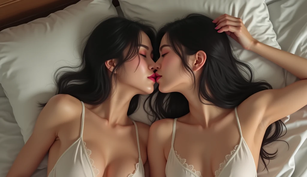  2 Japanese Women 、Kissing on the mouth 、 slender figure、 beautiful skin in NFSW、 shows the whole body、 top quality 、smile、 white skin、 slim abs、 bed without half clothes、 lingerie、1 person shortcuts