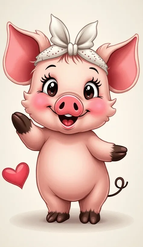  Create an image of a cute and stylized piglet ,  in a format of embroidered design or patchwork .  The piglet must be standing ,  with a rounded and delicate body ,  predominantly in shades of light pink ,  with brown details on the paws ,  snout and inne...