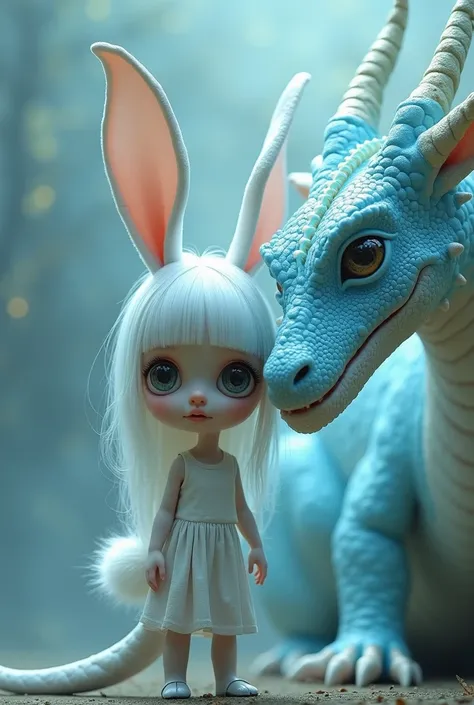 White rabbit x human girl, iridescent light blue dragon wings and horns,  antrophobic animal