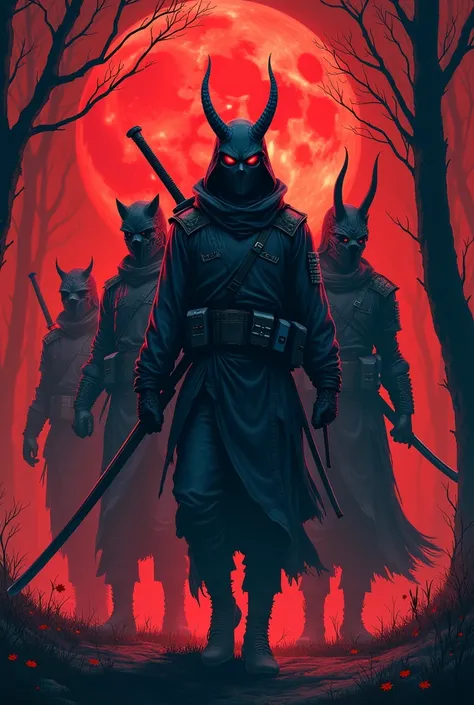 Bottom:  shades of red and a blood moon with a burning forest

Realistic :  is five a cyberpunk ninja wearing an oni mask and a costume in shades of black and blue ,  a cyberpunk wizard wearing a kitsune mask  ,  a cyberpunk soldier wearing a death reaper ...