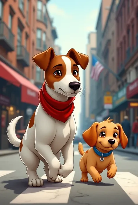 Two characters. Character 1: (an adult Jack Russel terrier with white fur, grey paws, a brown spot on his back and upper half of his face is brown with the ears, wears a red scarf around his neck). Character 2: (a puppy golden retriever, blue collar, beaut...