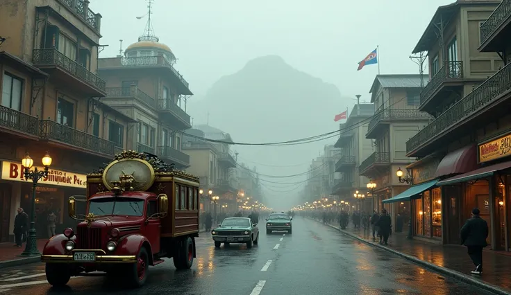 Wide view of Copacabana Stempunk-style Prairie;  style station in Rio de Janeiro in 1925 in the form of steampunk; Rio de Janeiro steampunk from 1925 wet and foggy , The buildings and cars are in the stempunk style ;  (best quality, 8k, high resolution, ma...