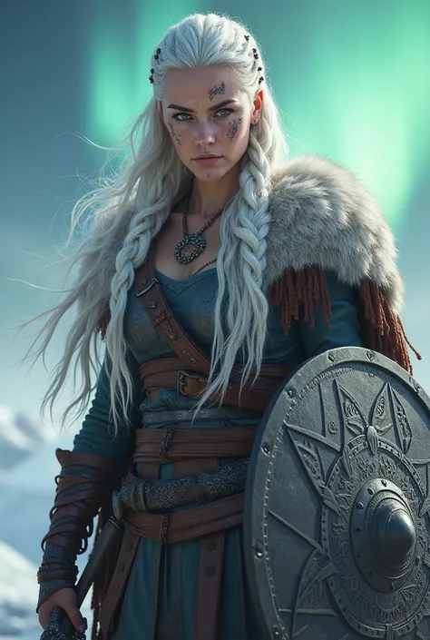 A striking and commanding Viking woman with long, flowing white hair, styled in intricate warrior braids and adorned with small beads and leather cords. Her face bears subtle battle scars, each telling a story of resilience and triumph, while her piercing ...