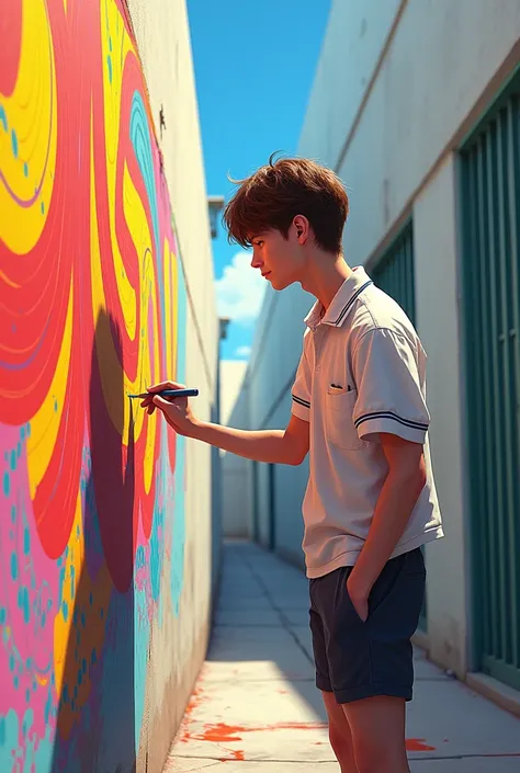 Give me this anime-style image Alejandro was lost in his art,  his fingers stained with paint while spray tracing brightly colored lines on the wall
Alejandros appearance : with short brown hair , Tall and wear school clothes  