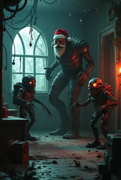 Create an image of an animatronic Christmas horror room
