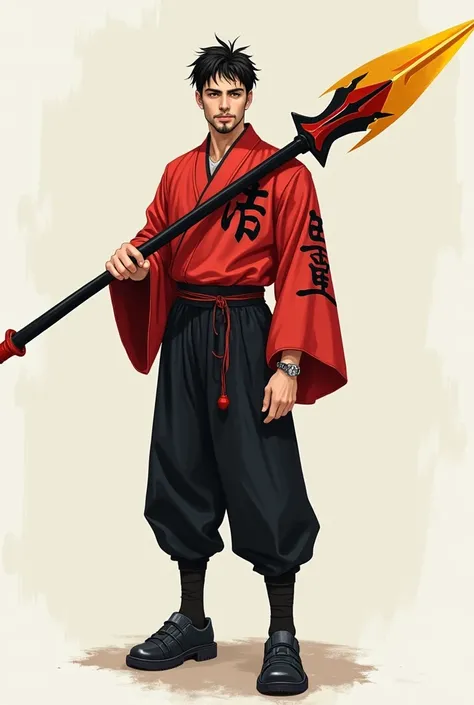 A completely realistic drawing of a beautiful adult young man with bright dark brown eyes, a light beard, black hair color, wearing a modern, slightly long red confo shirt with black Japanese symbols, wearing modern black pants, wearing shoes that are all ...