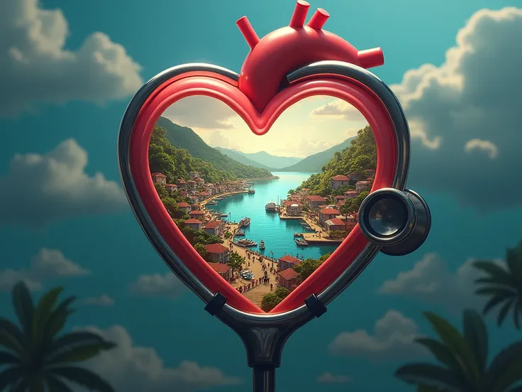 stethoscope surrounding and listening to a heart that contains a landscape of Puerto Barrios Izabal 
