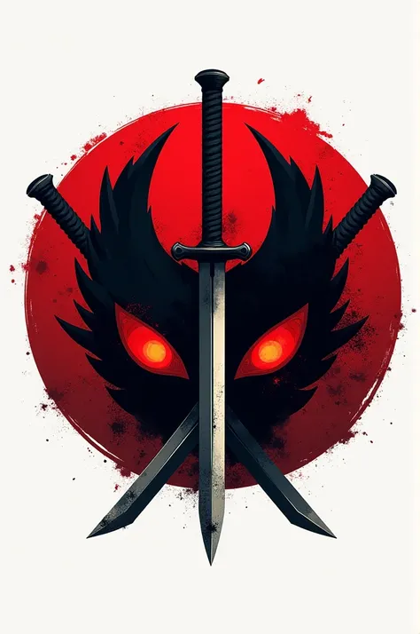 Create a logo design with the name Akatshuki which depicts two sharingan eyes with two swords, the logo is round and the swords are crossed