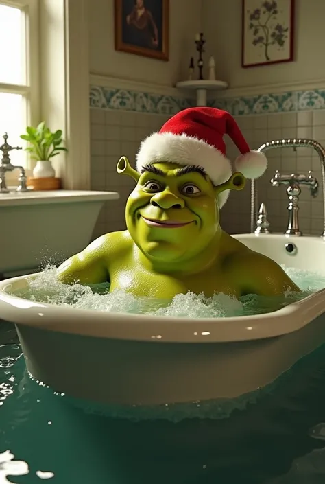 Shrek swims in the bathroom wearing a Christmas hat