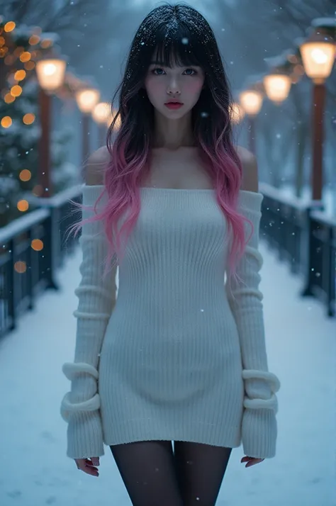   she is a girl with smooth, shiny black pink hair.,age 15 ,Im on a phone call、At the park at night when snow falls and piles up with Christmas decorations、 standing with different breasts 、 The length of the hair is shoulder length , Contrasting with her ...