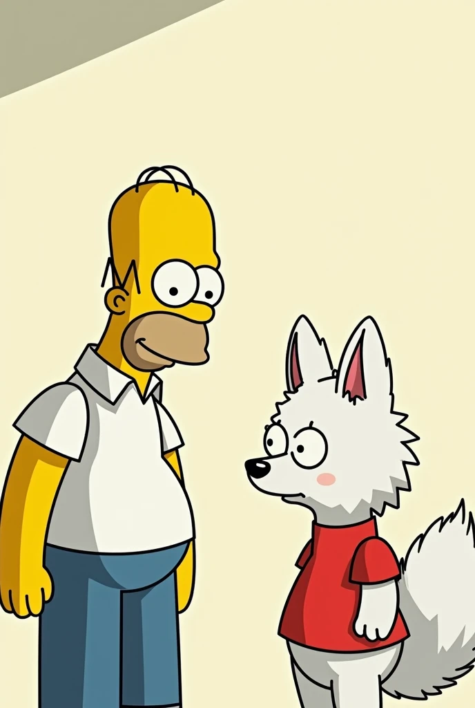 Create the image of homer simpson talking to a white fox furry whit a red shirt (cartoon style)