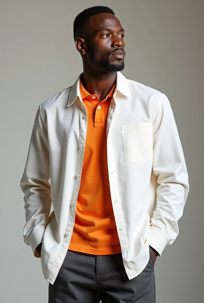 Generate a photo of a man wearining, long sleeve white and orange polo shirt inside of it and beige trouser and white rubber shoes

No, white long sleeve and then orange polo inside of it
make the longsleeve no zippers