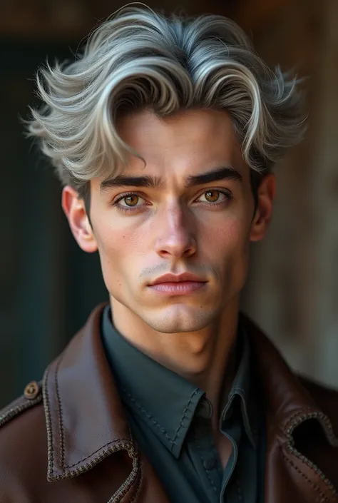 handsome man, with delicate and youthful features with a sweet and gentle look,  gray blond hair and brown eyes ,Bridgerton style clothing . high resolution,  masterpiece , Necessary,  Anatomically Correct,  Awarded multiple times ,  best quality , detail,...