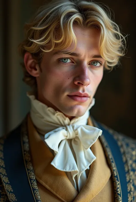 Blond man,beautiful,look sweet and gentle,handsome men,  face with delicate and youthful features ,period clothes,Bridgerton style. high resolution,  masterpiece , Necessary,  Anatomically Correct,  Awarded multiple times ,  best quality , detail, HD model...