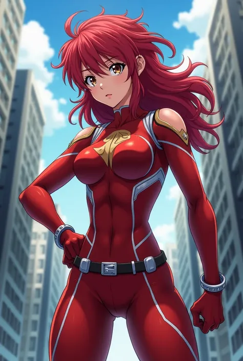  My Hero Academia style ,   anime girl , woman, young woman ,  full body shot ,( Fighting Stance :1.3),Long Hair, Red Hair,   Brown Eyes , hero suit, Full Body Suit,  red suit with white details, perfect anatomy,  enhanced abs , super detailed,(building:1....