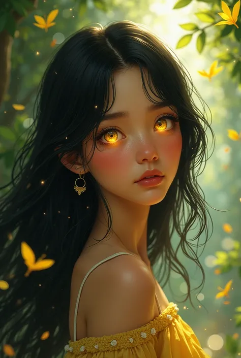 A girl with vibrant yellow eyes, long black hair, brown skin Ghibli 