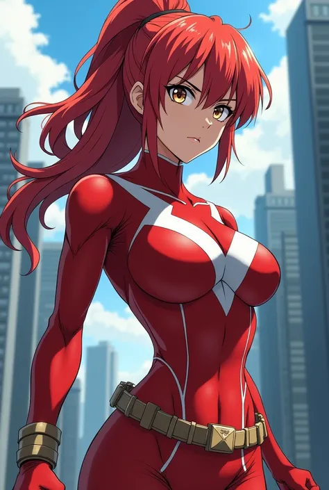  My Hero Academia style ,   anime girl , woman, young woman ,  full body shot ,( Fighting Stance :1.3),Long Hair, Red Hair,   Brown Eyes , hero suit, Full Body Suit,  red suit with white details, perfect anatomy,  enhanced abs , super detailed,(building:1....