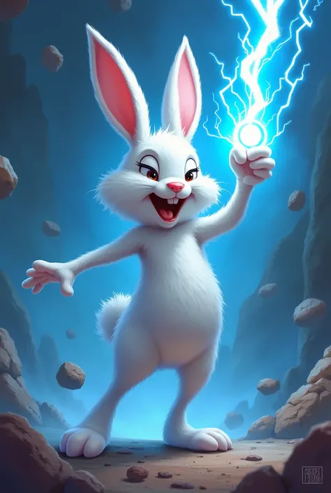 Make a rabbit based on the long leg from Looney Tunes holding a blue lightning bolt in your hand