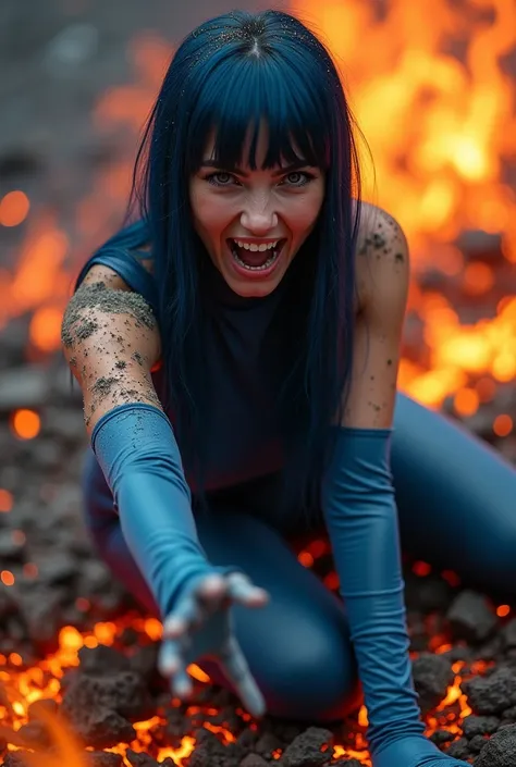 slim female with long dark blue hair with bangs. She wears a dark blue sleeveless full body catsuit and matching stilettos. She has long light blue gloves. she is screaming and crying, looking towards the viewer. she is covered by ash and burning particles...