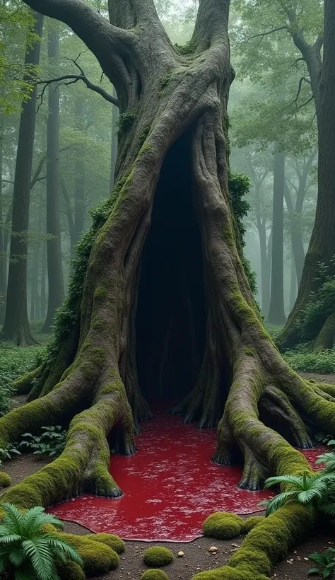 An ancient tree cut in half in the forest, part of it lying on the ground, blood coming out of it